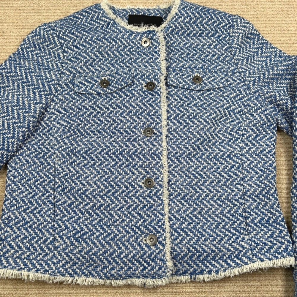 Banana Republic Tweed Jacket Womens S Blue Herringbone Preppy Classic Chic - Picture 13 of 15